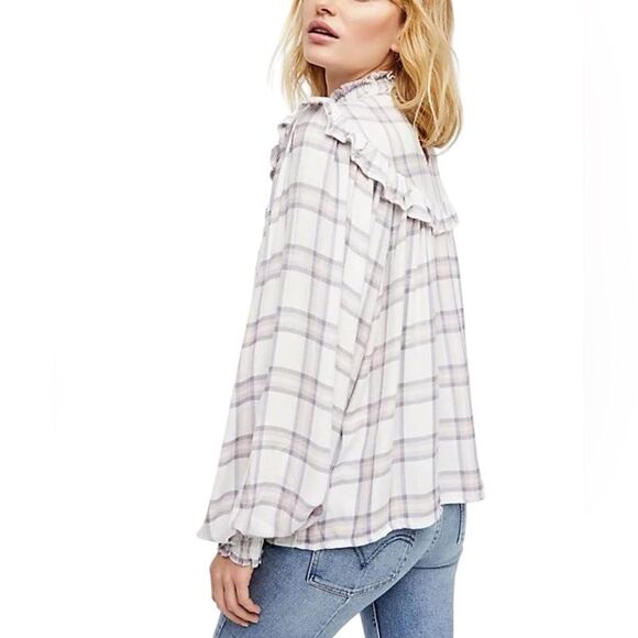 Free People Charlie Ruffle Plaid Mockneck Blouse - Picture 2 of 7